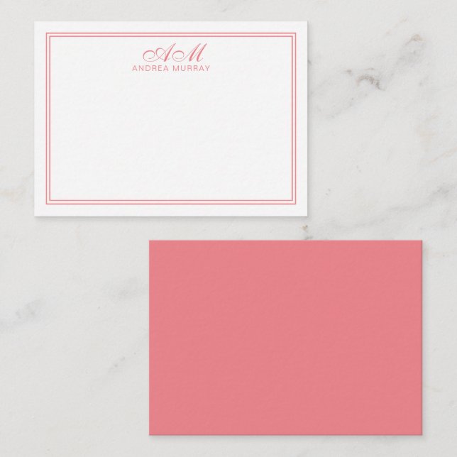 Minimalist Monogram Two Border Pastel Pink Card (Front/Back)