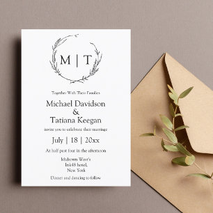 minimalist monogram wedding black and white invitation