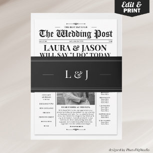 Minimalist Monogram Wedding Black and White Invitation Belly Band