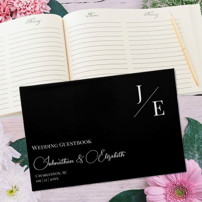Minimalist Monogram Wedding | Black Guest Book (Minimalist Monogram Wedding Black Guestbook)
