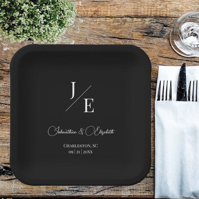 Minimalist Monogram Wedding | Black Paper Plate (Black Minimalist Monogram Wedding Paper Plates)