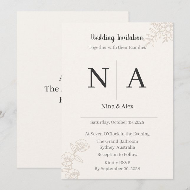 Minimalist Monogram Wedding Invitation (Front/Back)