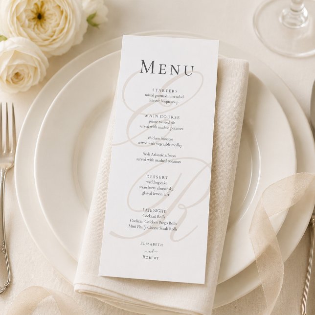 Minimalist Monogram Wedding Menu Card (Minimalist Monogram Wedding Menu Card on an elegant wedding table with white flowers)