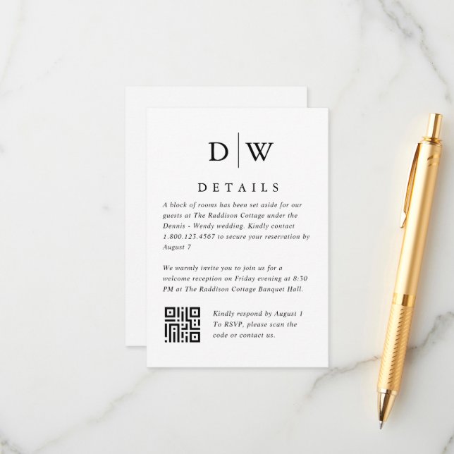 Minimalist Monogram Wedding QR Code Enclosure Card (Front/Back In Situ)