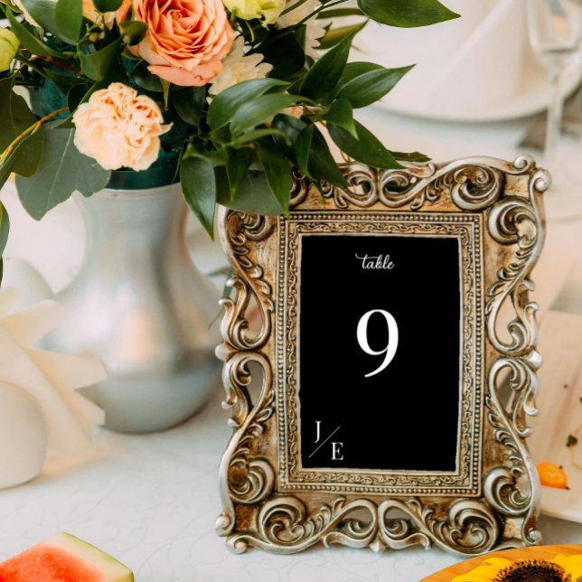 Minimalist Monogram Wedding Reception | Black Table Number (Minimalist Monogram Wedding Reception Table Number Black Card)