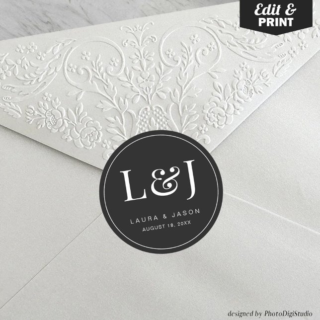 Minimalist Monogram Wedding Stickers for Newspaper (Personalized Wedding Stickers with Initials )