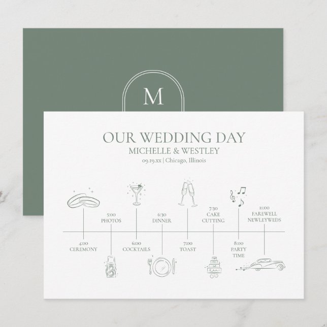 Minimalist Monogram Wedding Timeline Program Enclosure Card (Front/Back)