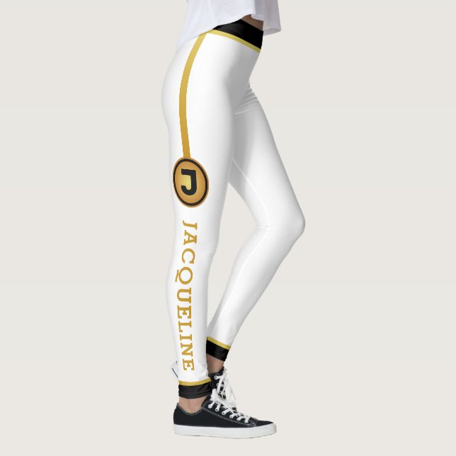 Minimalist Monogram White Black Faux Gold and Name Leggings (Right)