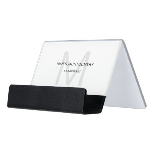 Minimalist Monogrammed Grey Black White Desk Business Card Holder