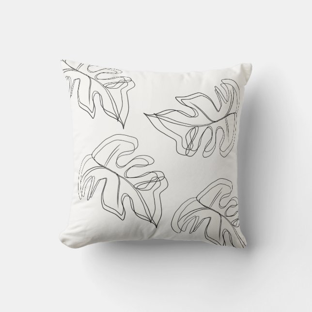 Minimalist Monstera Hand Drawn Gesture Black White Cushion (Front)