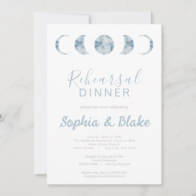 Minimalist Moon Phases Celestial Rehearsal Dinner Invitation (Front)