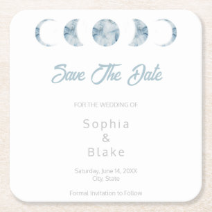 Minimalist Moon Phases Celestial Save the Date Square Paper Coaster