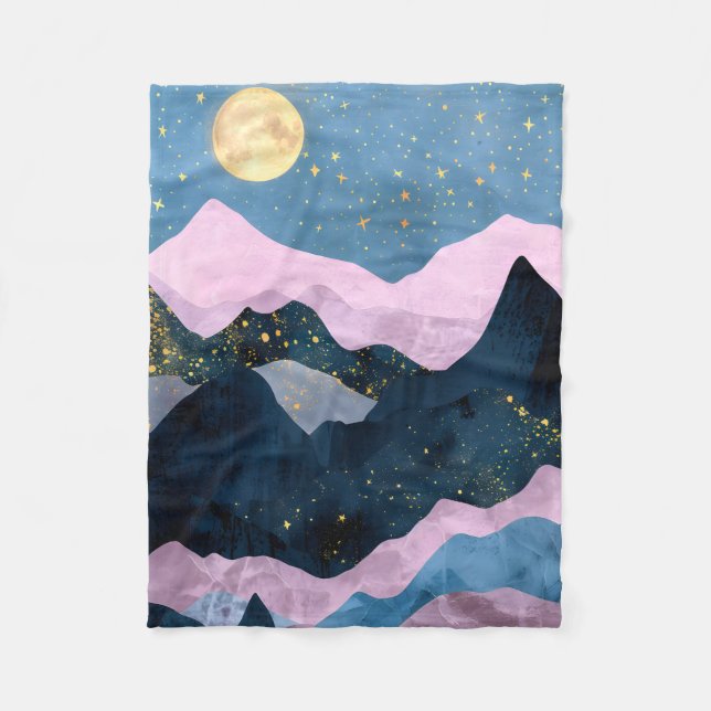 Minimalist Moon Stars Celestial Mountain Valley Fleece Blanket (Front)