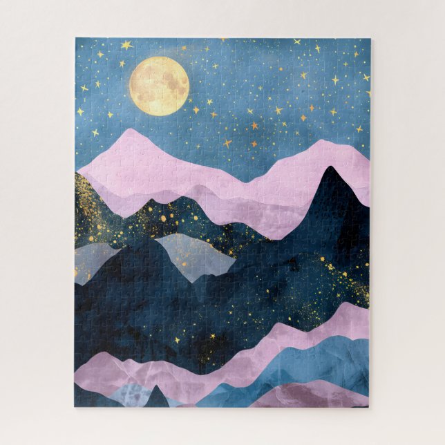 Minimalist Moon Stars Celestial Mountain Valley Jigsaw Puzzle (Vertical)