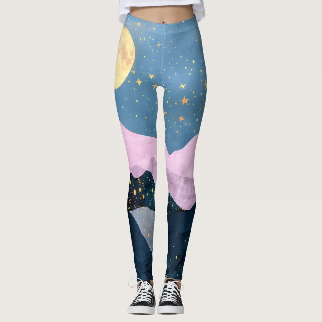 Minimalist Moon Stars Celestial Mountain Valley Leggings (Front)