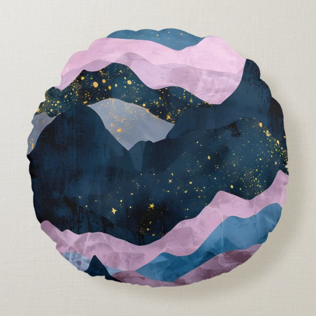 Minimalist Moon Stars Celestial Mountain Valley Round Cushion (Front)