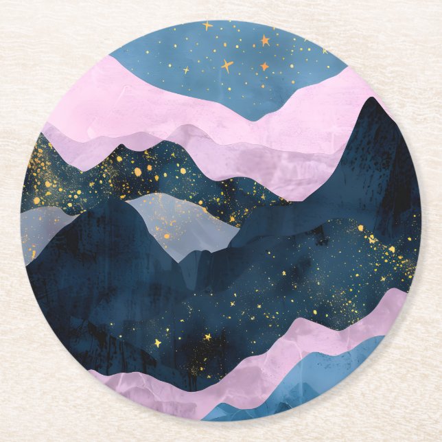 Minimalist Moon Stars Celestial Mountain Valley Round Paper Coaster (Front)