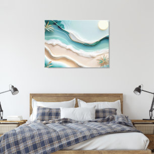 Minimalist Mosaic Beach Landscape with Palm Trees Canvas Print
