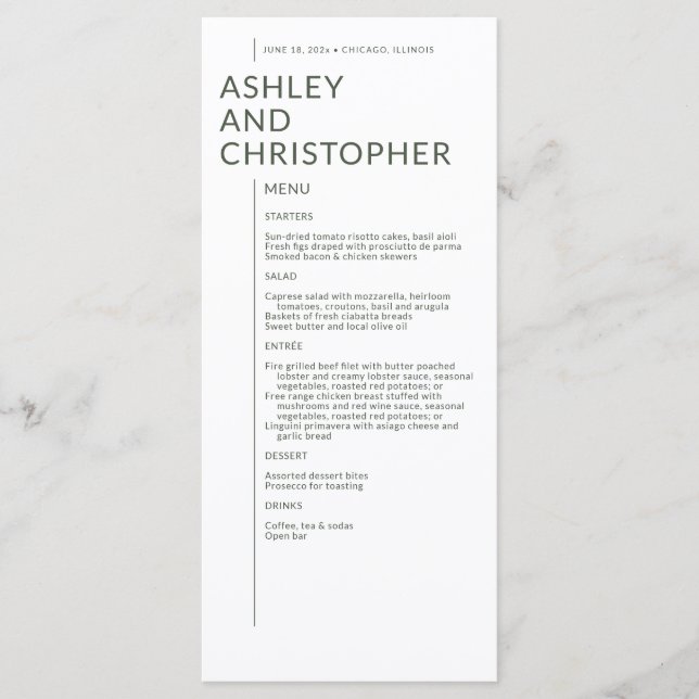 Minimalist Moss Green Isolated Names Wedding Menu (Front)