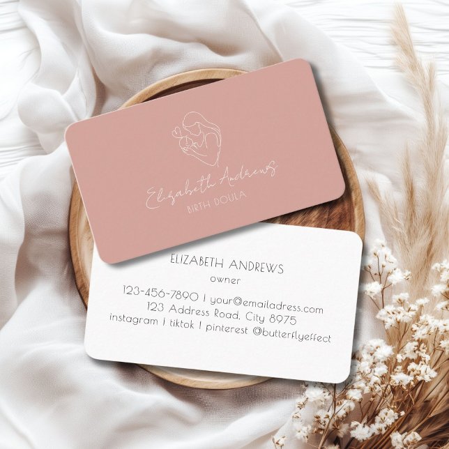 Minimalist Mother & Baby Line Art – Doula, Midwife Business Card (Minimalist Mother & Baby Line Art – Doula, Midwife, Dusty Rose Business Card)