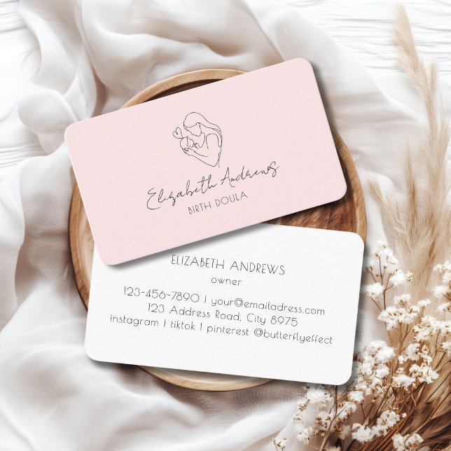 Minimalist Mother & Baby Line Art – Doula, Midwife Business Card (Minimalist Mother & Baby Line Art – Doula, Midwife, Blush-Pink Business Card)