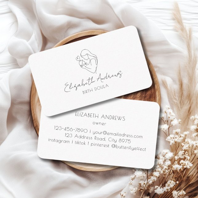 Minimalist Mother & Baby Line Art – Doula, Midwife Business Card (Minimalist Mother & Baby Line Art – Doula, Midwife, White Business Card)