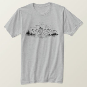 Minimalist Mountain Lake Nature Line Art T-Shirt