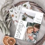 Minimalist Mr and Mrs Married & Merry Photo Holiday Card<br><div class="desc">Introducing our stunning new Minimalist Mr and Mrs Married & Merry Photo Holiday Card: a modern design featuring elegant typography and three cherished wedding photos, in classic black and white. The minimalistic front is complemented by a warm, festive watercolor botanical pattern on the back, showcasing pine greenery, eucalyptus, pine cones,...</div>