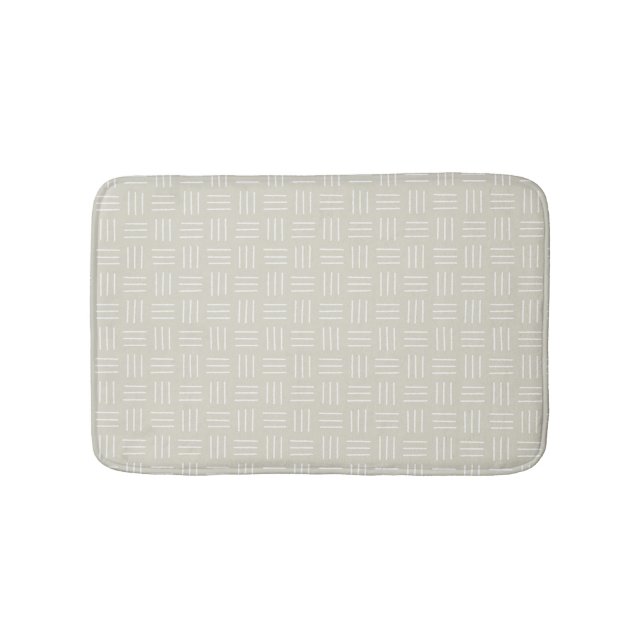 Minimalist Mudcloth Basket Weave, White, Beige Bath Mat (Front)