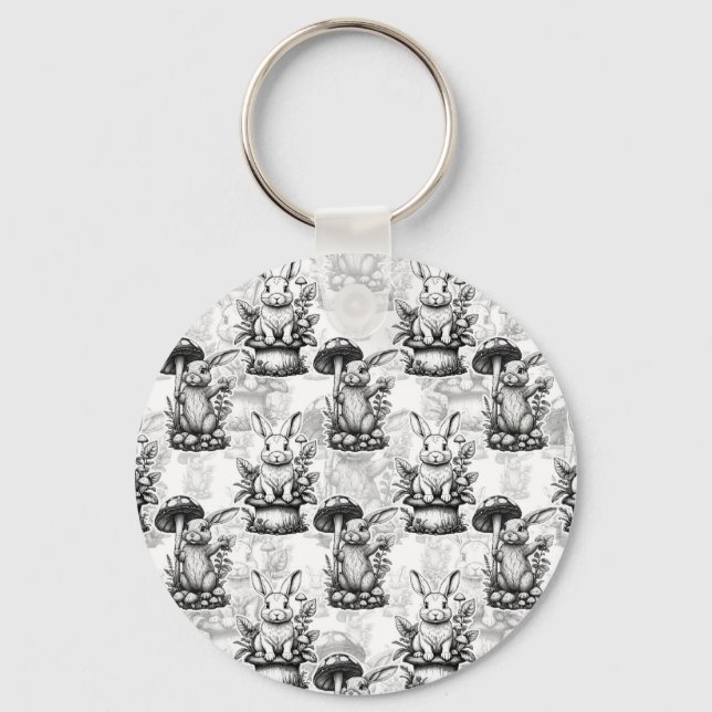 Minimalist Mushroom Rabbit Pattern Design  Key Ring (Front)