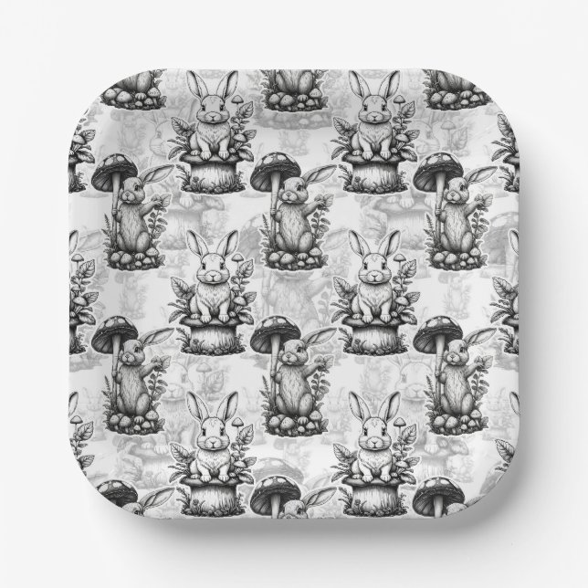 Minimalist Mushroom Rabbit Pattern Design  Paper Plate (Front)