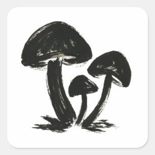 Minimalist Mushrooms – Ink Brush Forest Trio on Square Sticker