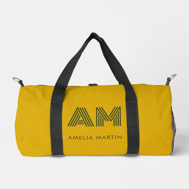 Minimalist Mustard & Forest Green Custom Monogram Duffle Bag (Front)
