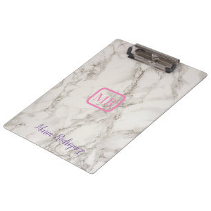 Minimalist Name Customise White Marble Clipboard