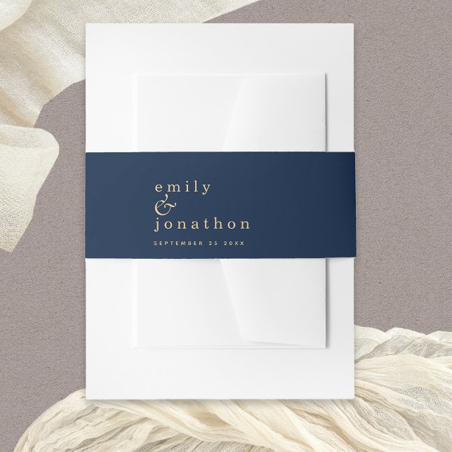 Minimalist Names Date Navy Gold Wedding Invitation Belly Band (Creator Uploaded)