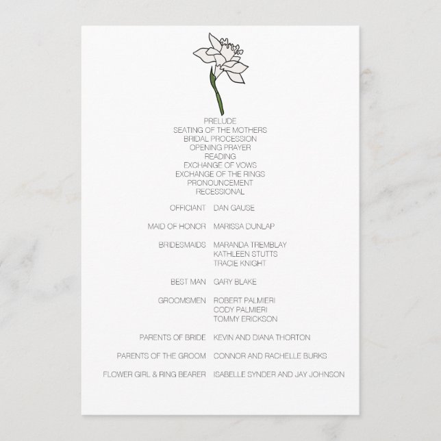 Minimalist Narcissus Wedding Program Programme (Front)