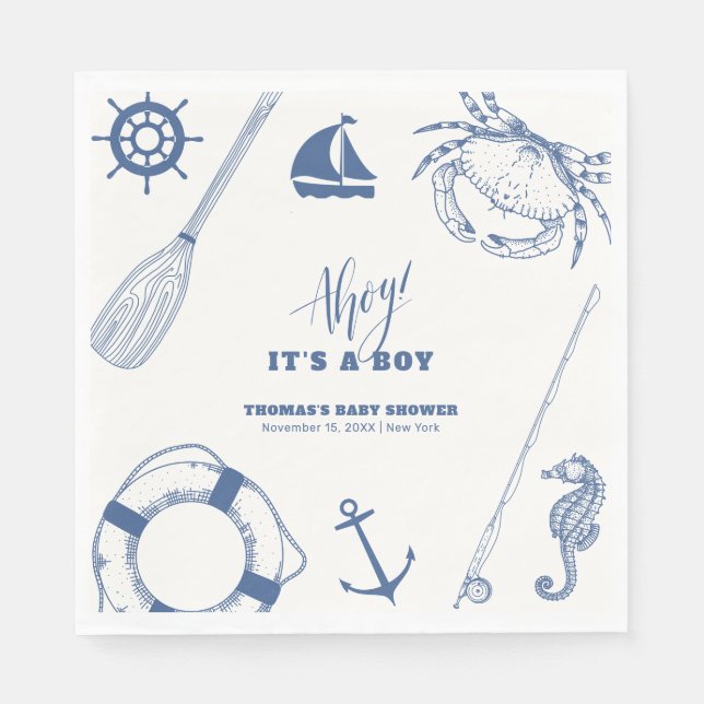 Minimalist Nautical Fishing Boy Baby Shower Napkin (Front)