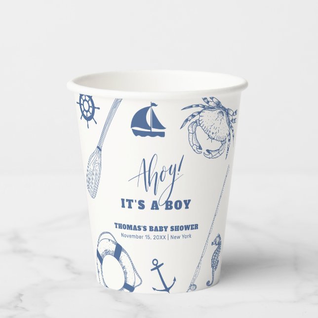 Minimalist Nautical Fishing Boy Baby Shower Paper Cups (Front)