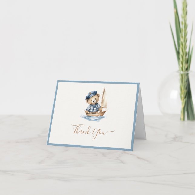 Minimalist Nautical Teddy Bear Baby Shower Thank You Card (Front)