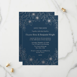 Minimalist Navy and Silver Floral Save the Date Ca