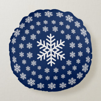 Minimalist Navy and White Snowflakes Mandala Xmas Round Cushion