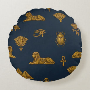 Minimalist Navy & Antique Gold Egyptian Pattern Round Cushion