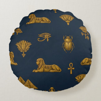 Minimalist Navy & Antique Gold Egyptian Pattern Round Cushion