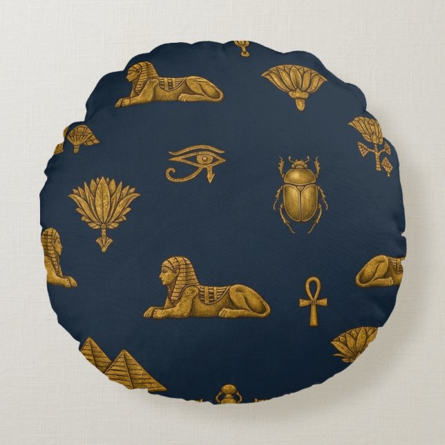 Minimalist Navy & Antique Gold Egyptian Pattern Round Cushion (Front)