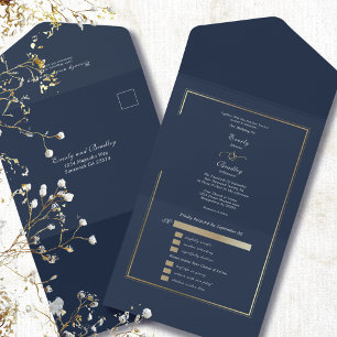 Minimalist Navy Background Gold Frame Wedding All In One Invitation