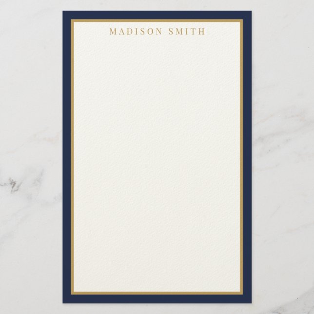 Minimalist Navy Blue and Gold Monogram Stationery (Front)