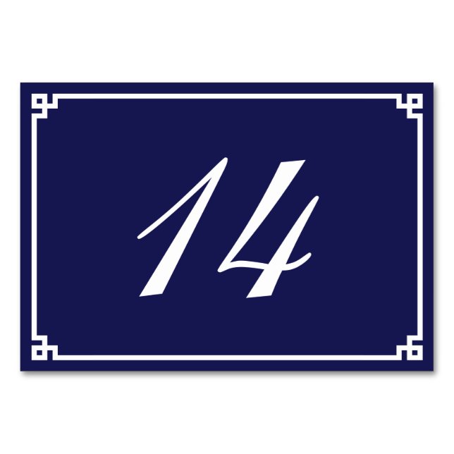 Minimalist Navy Blue and White Greek Key Frame Table Number (Front)