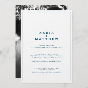 Minimalist navy blue and white text photo wedding invitation