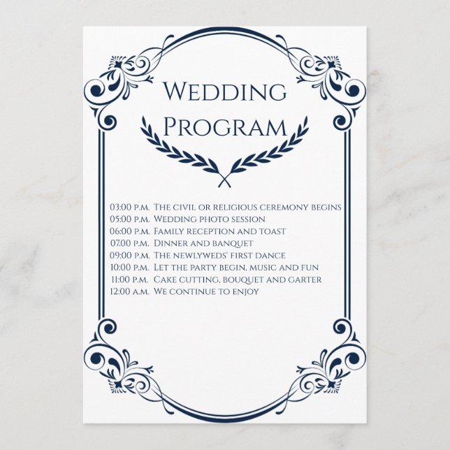 Minimalist Navy Blue and White Wedding Program Programme (Front)