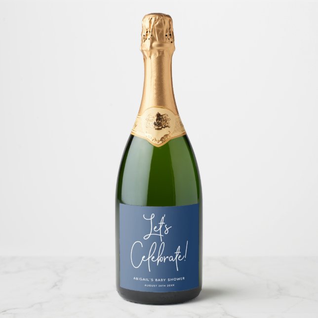 Minimalist Navy Blue Baby Shower Sparkling Wine Label (Front)